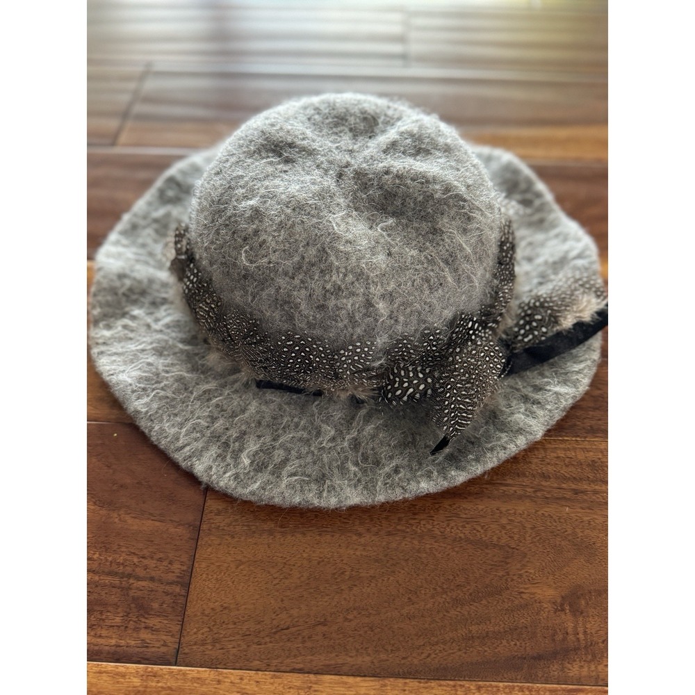 Wool Hat vintage Gray Flat Brimmed Hat with guinea fowl feathers. FAST SHIPPING!